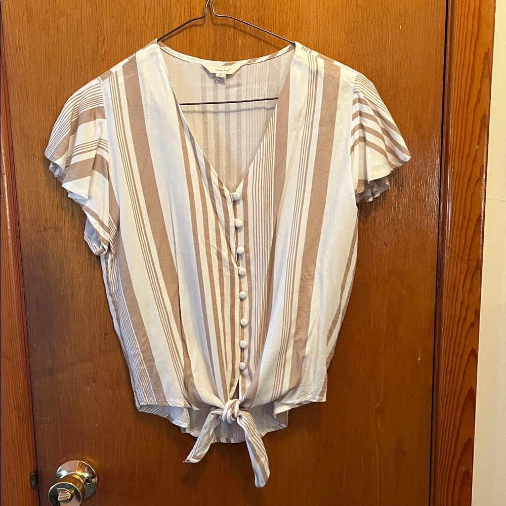Women's Striped Tie-Front V-Neck Blouse in Cream and Tan